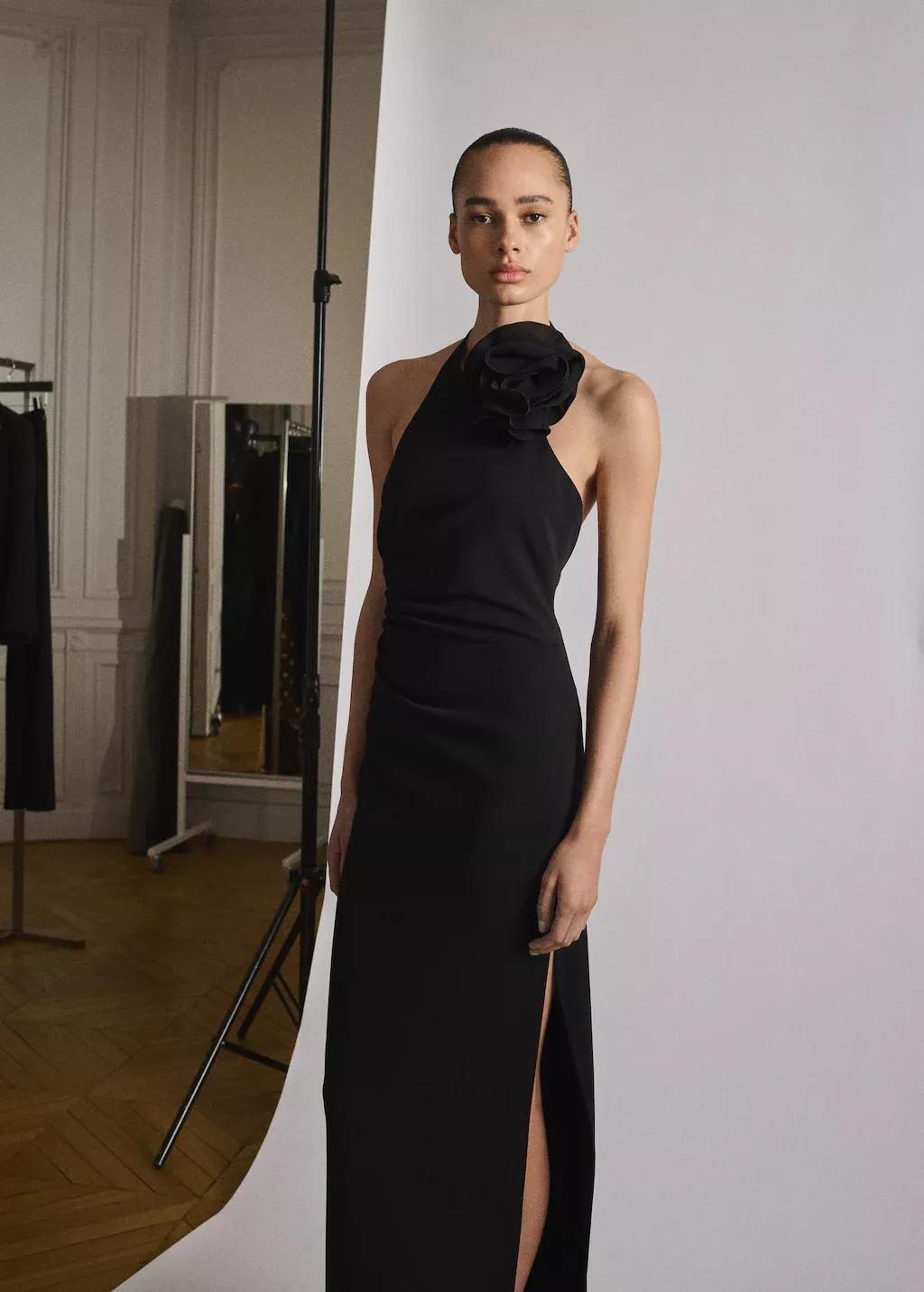 Black Draped Halter-Neck Dress With Flower Motif, , medium