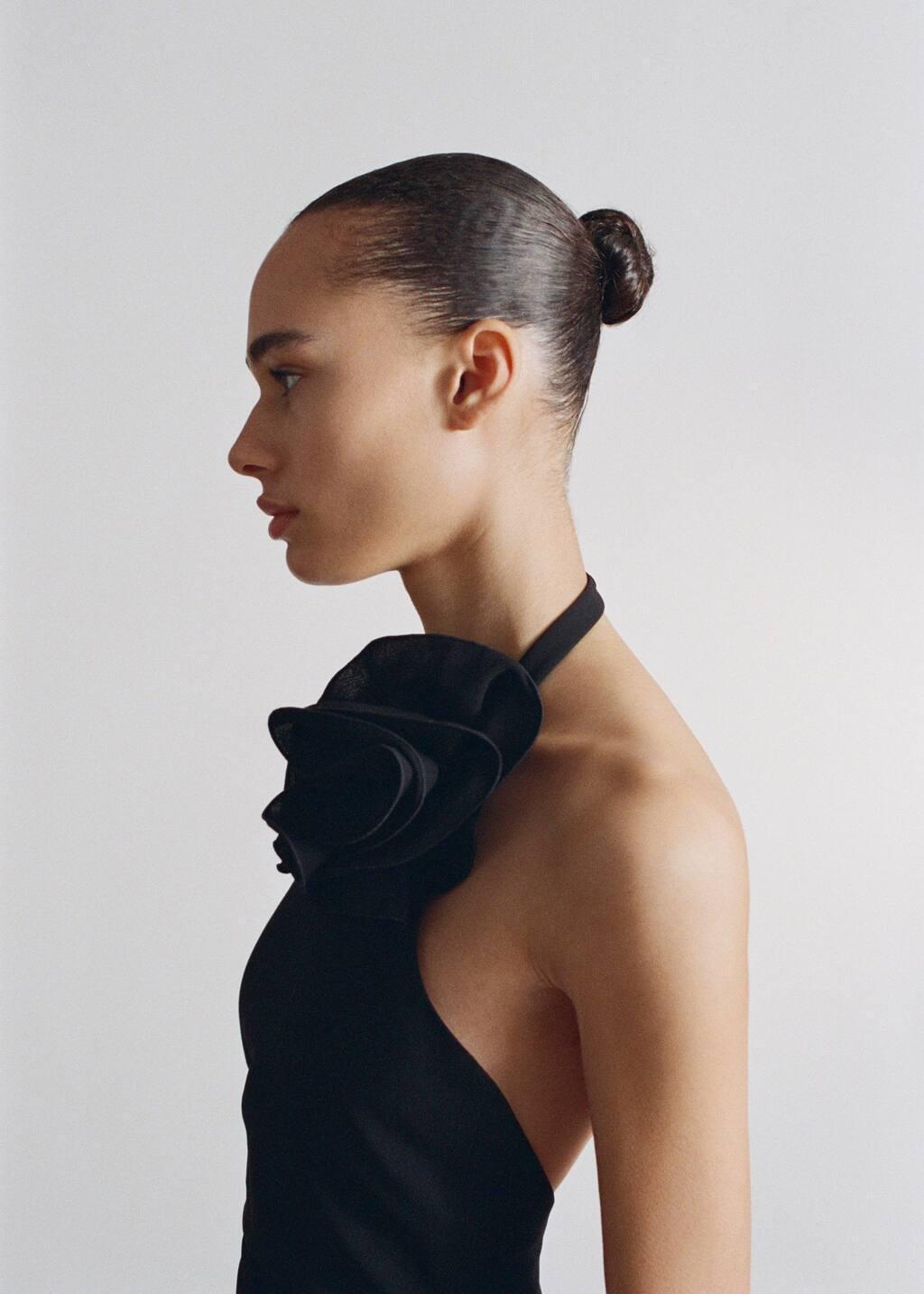 Black Draped Halter-Neck Dress With Flower Motif, , large image number 3