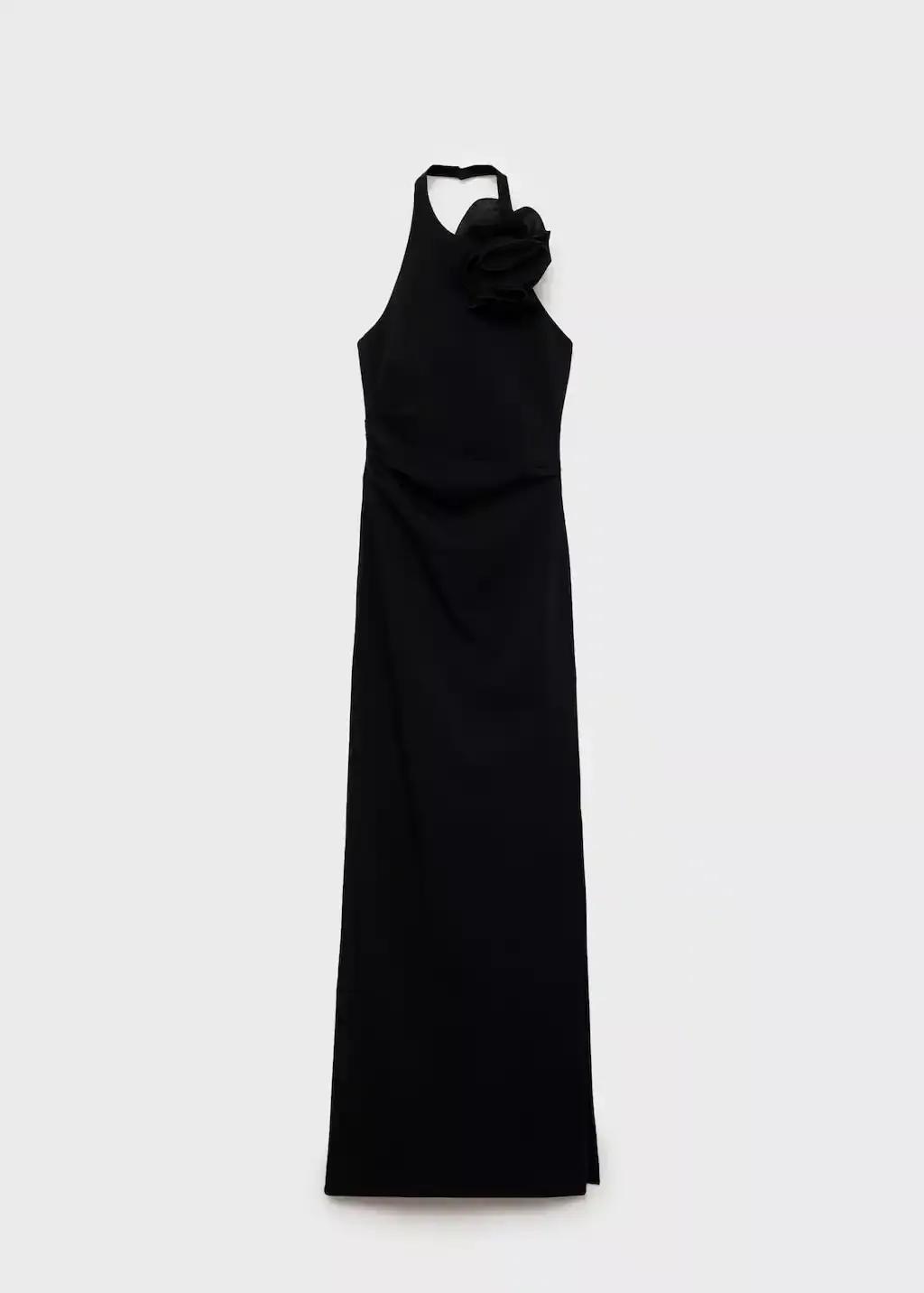 Black Draped Halter-Neck Dress With Flower Motif, , large image number 4