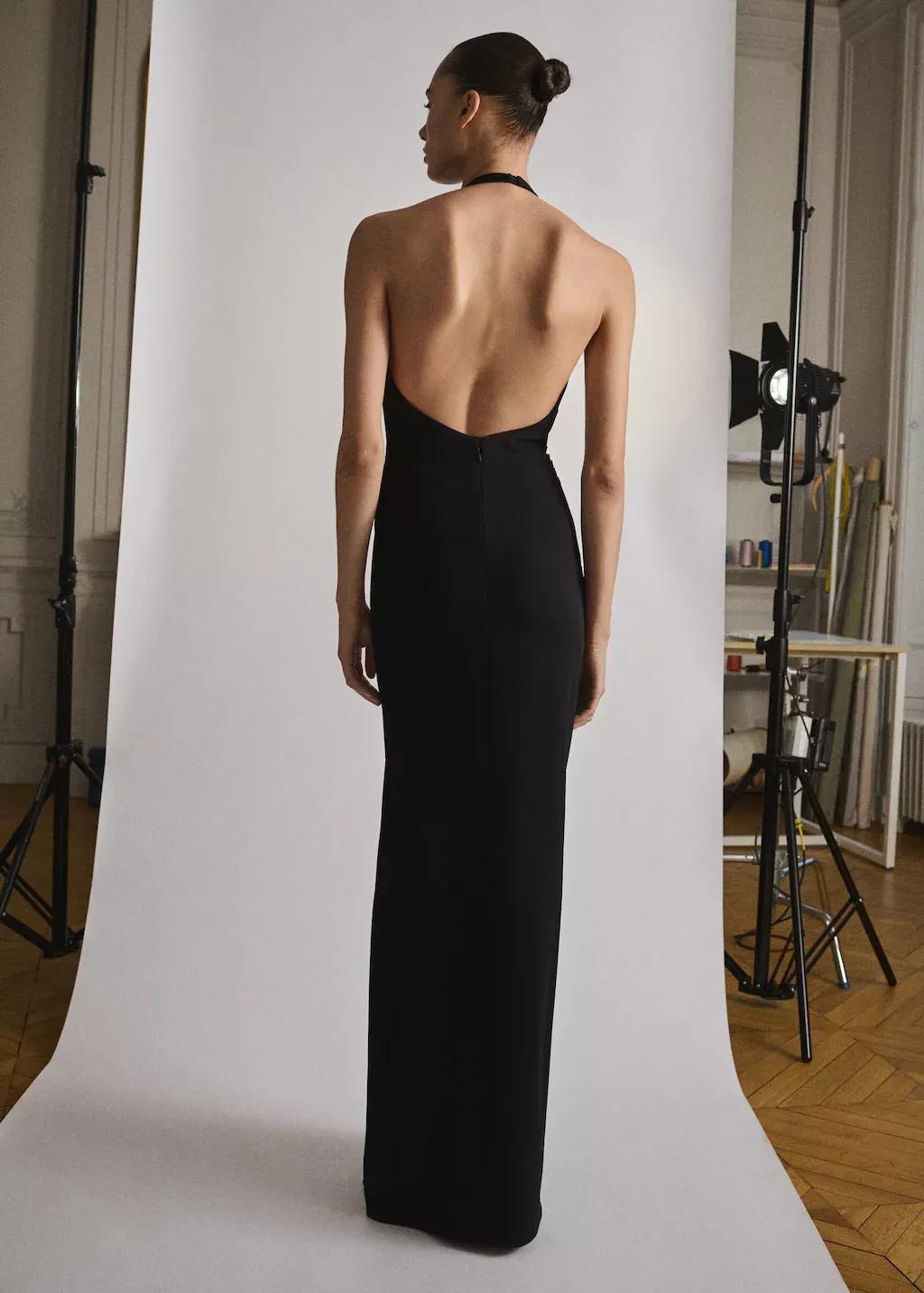 Black Draped Halter-Neck Dress With Flower Motif, , large image number 5