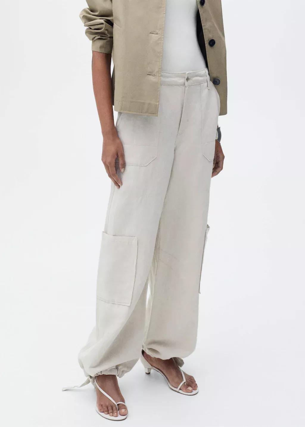 LT PASTEL GREY Linen cargo trousers with puffed hem, , large image number 0