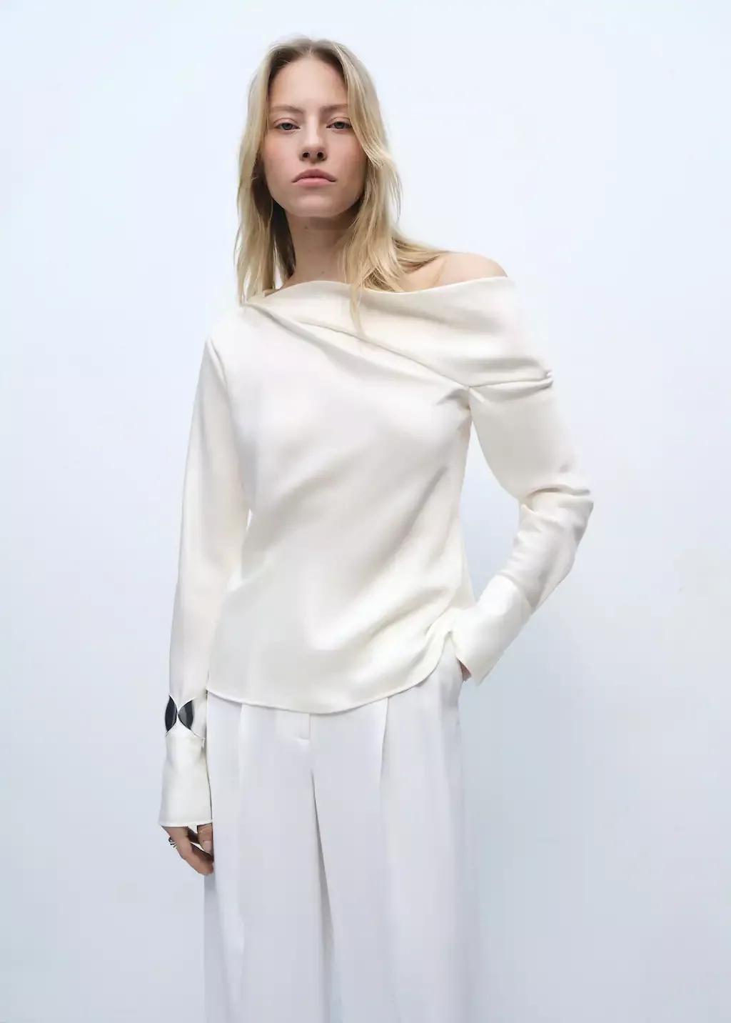 White Satin Blouse With Draped Neck, , large image number 0