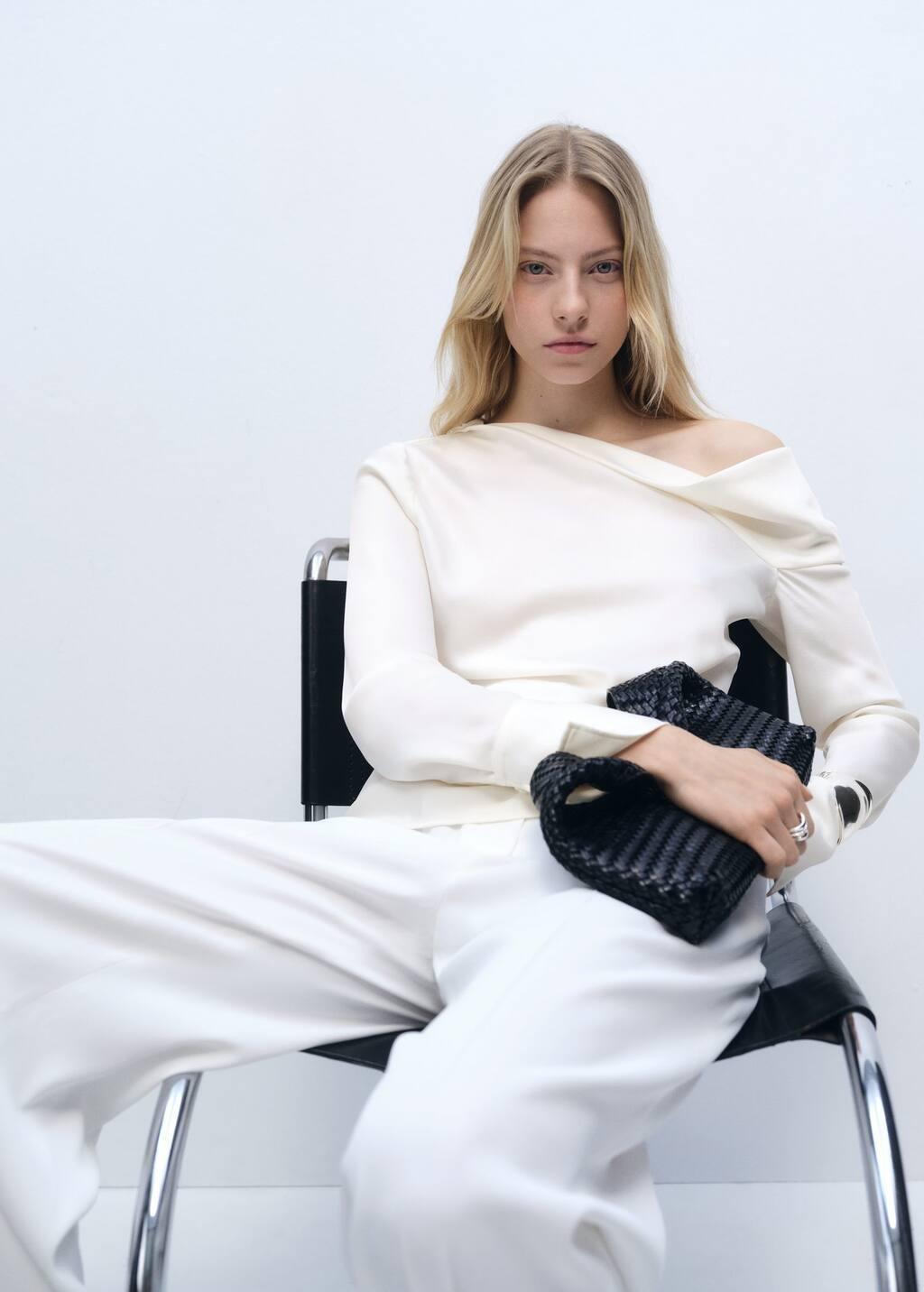 White Satin Blouse With Draped Neck, , large image number 1