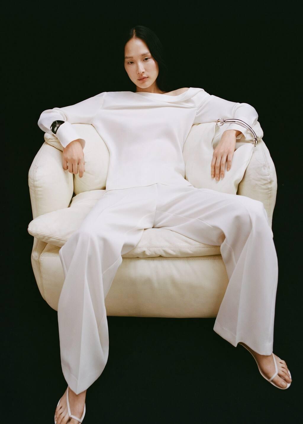 White Satin Blouse With Draped Neck, , large image number 7