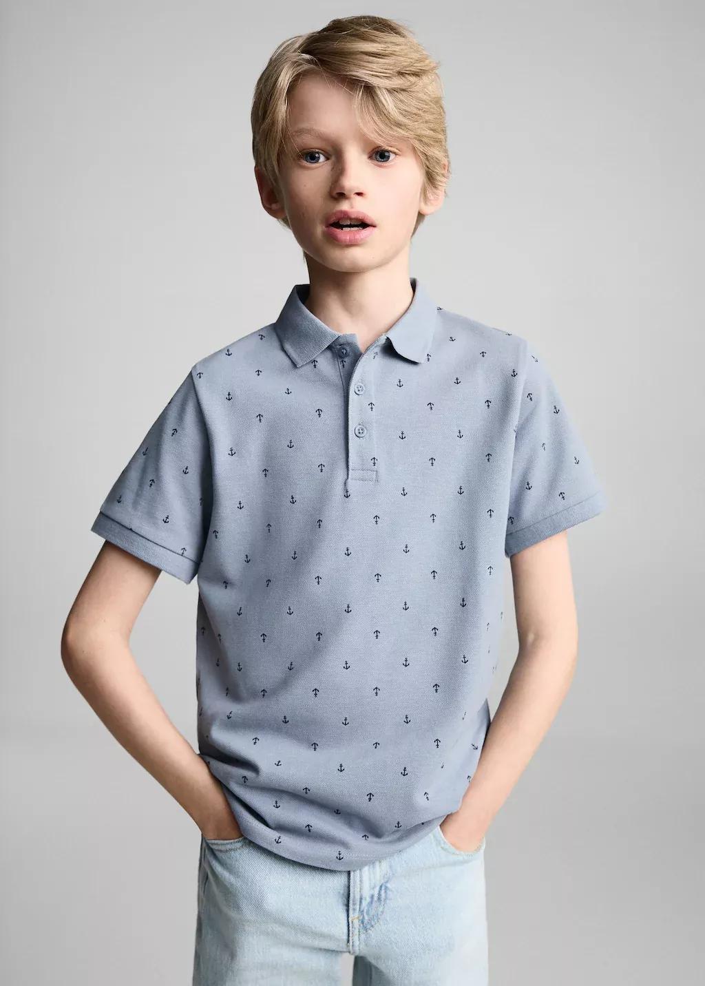 Blue Printed Cotton Polo Shirt, Kids Boy, , large image number 1