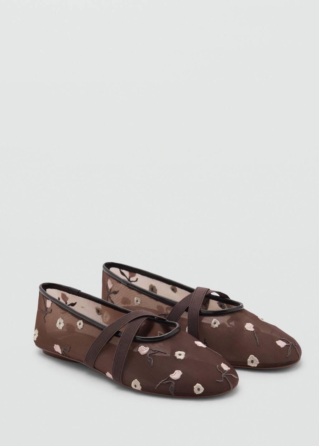 Brown Ballerina Flats With Cross Straps With Embroidered Flowers, , large image number 0