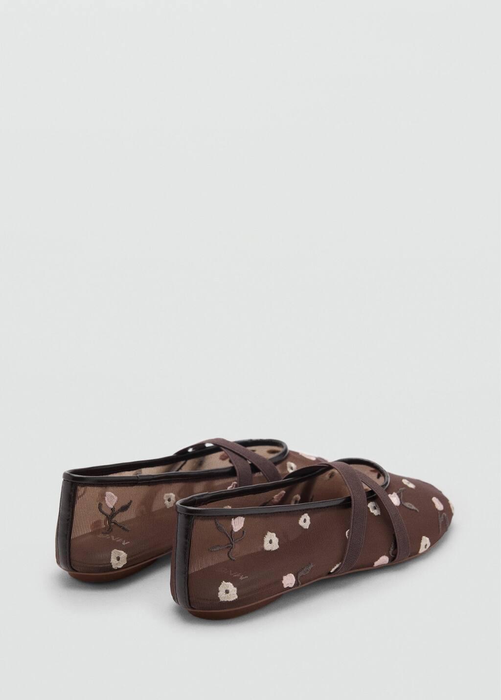 Brown Ballerina Flats With Cross Straps With Embroidered Flowers, , large image number 1