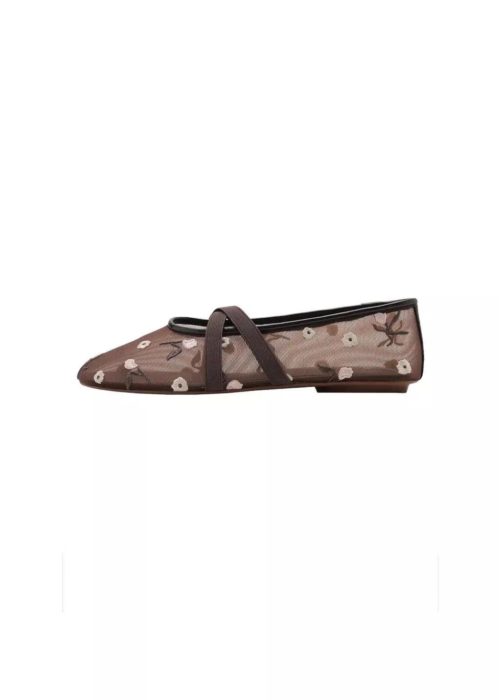 Brown Ballerina Flats With Cross Straps With Embroidered Flowers, , large image number 3