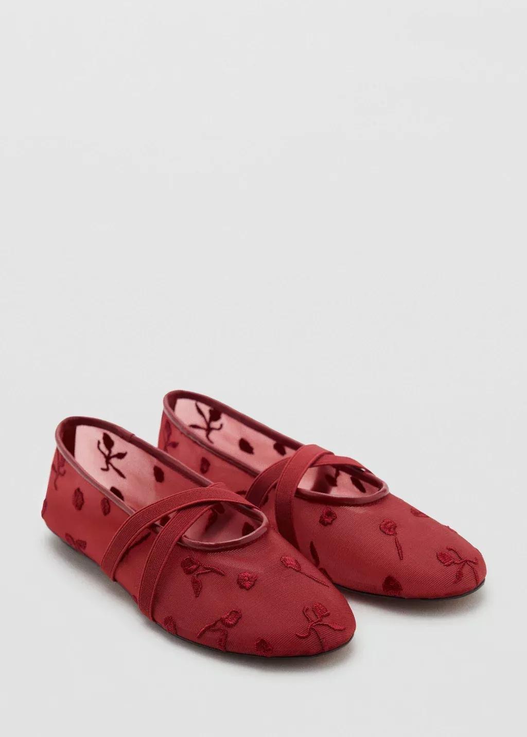 Red Ballerina Flats With Cross Straps With Embroidered Flowers, , large image number 0