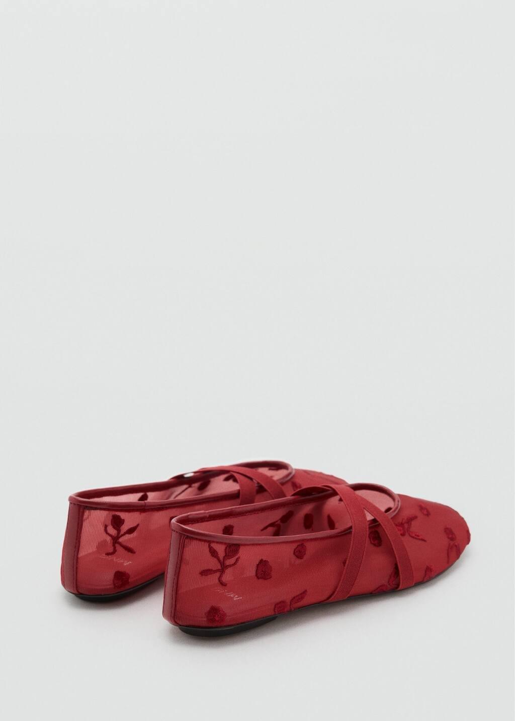 Red Ballerina Flats With Cross Straps With Embroidered Flowers, , large image number 1