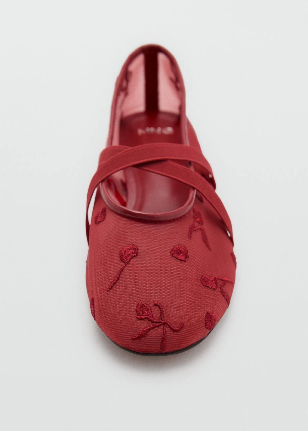 Red Ballerina Flats With Cross Straps With Embroidered Flowers, , large image number 2