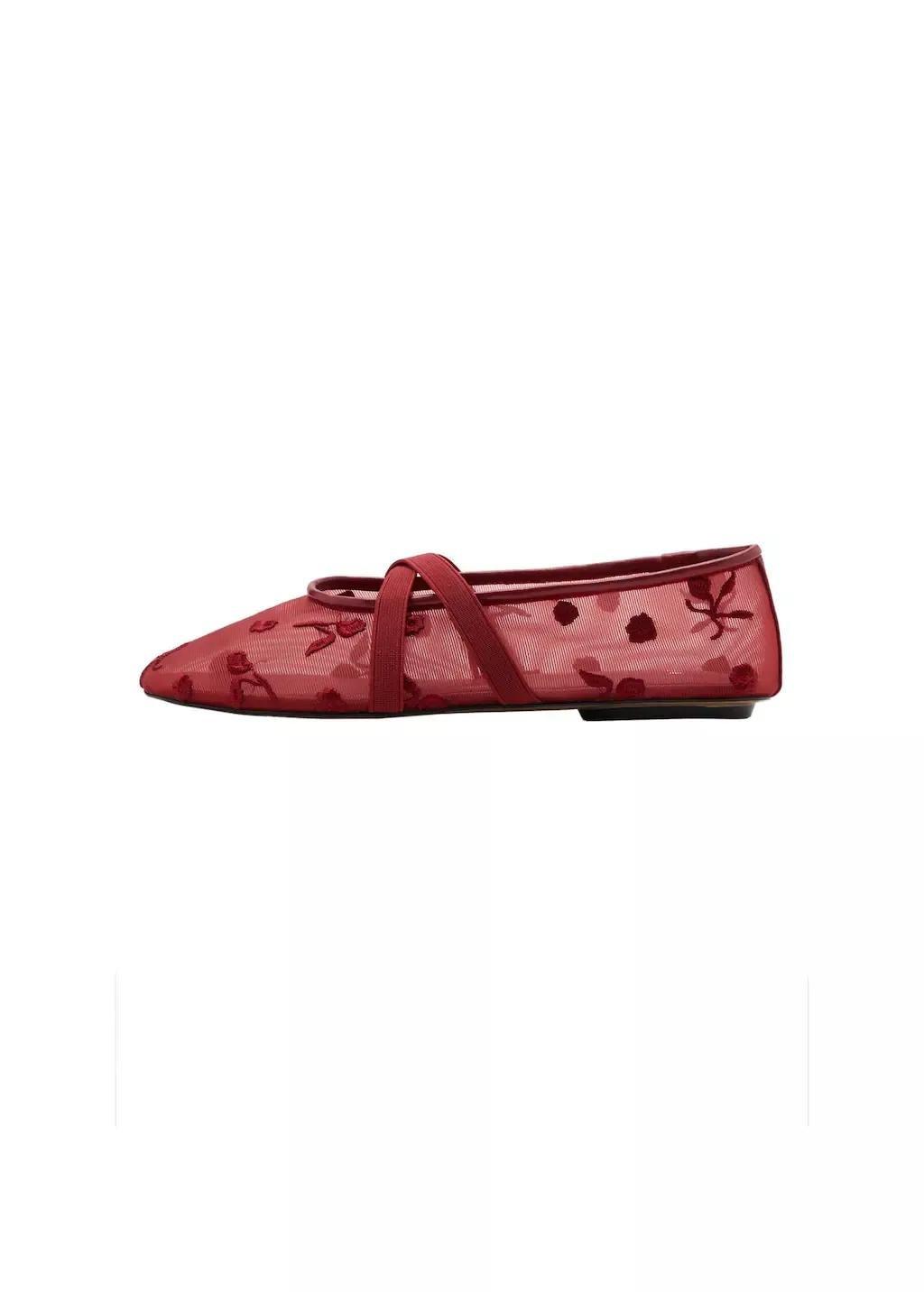 Red Ballerina Flats With Cross Straps With Embroidered Flowers, , large image number 3
