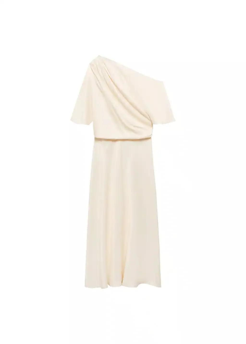 Beige Ruched Asymmetric Midi Dress, , large image number 0