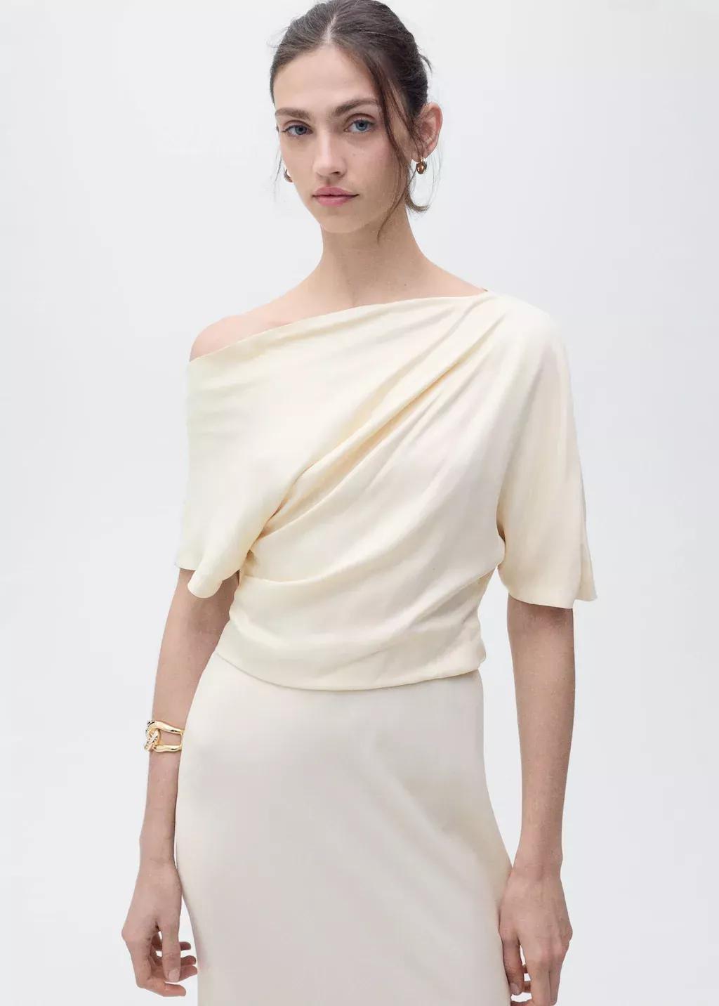 Beige Ruched Asymmetric Midi Dress, , large image number 1