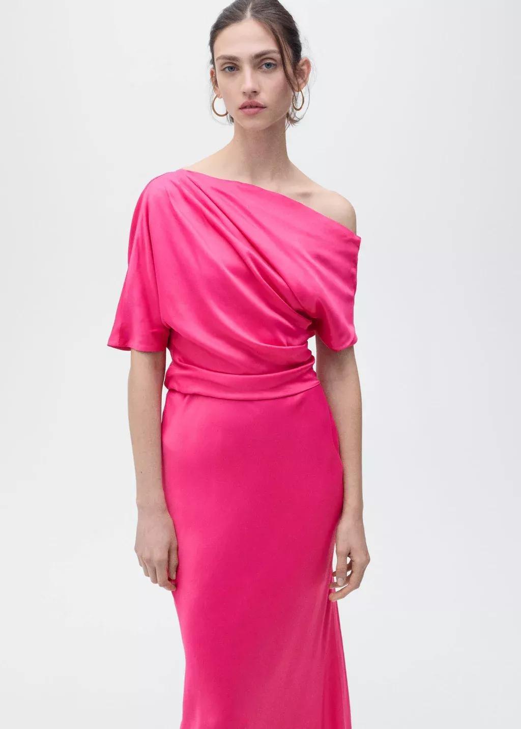Pink Ruched Asymmetric Midi Dress, , large image number 1