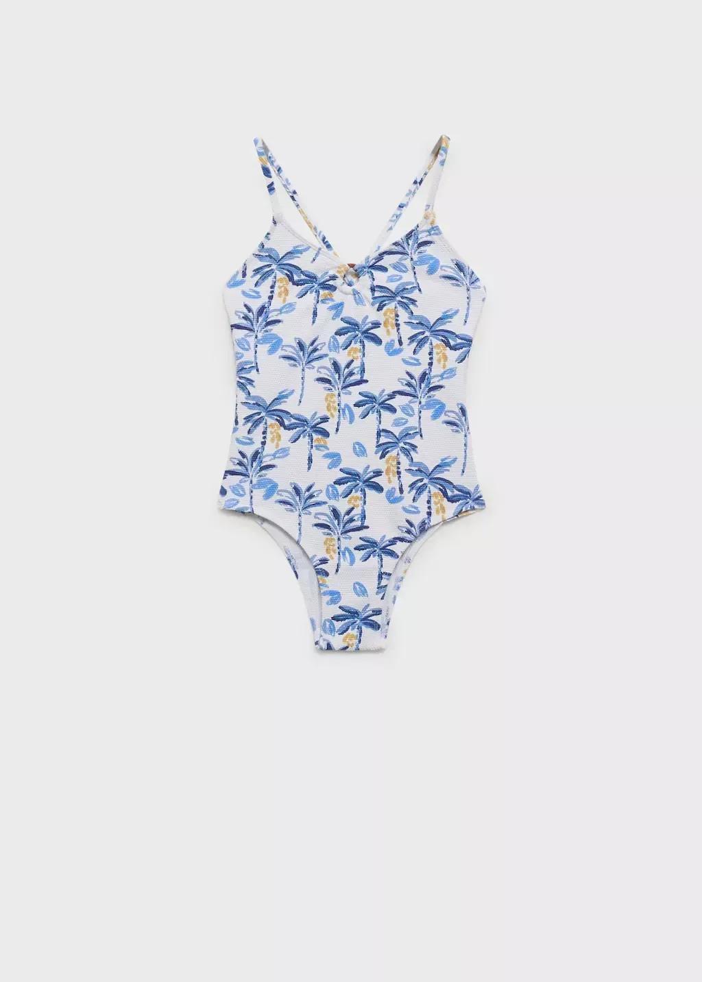 White Tropical Print Swimsuit, Kids Girl, , large image number 0