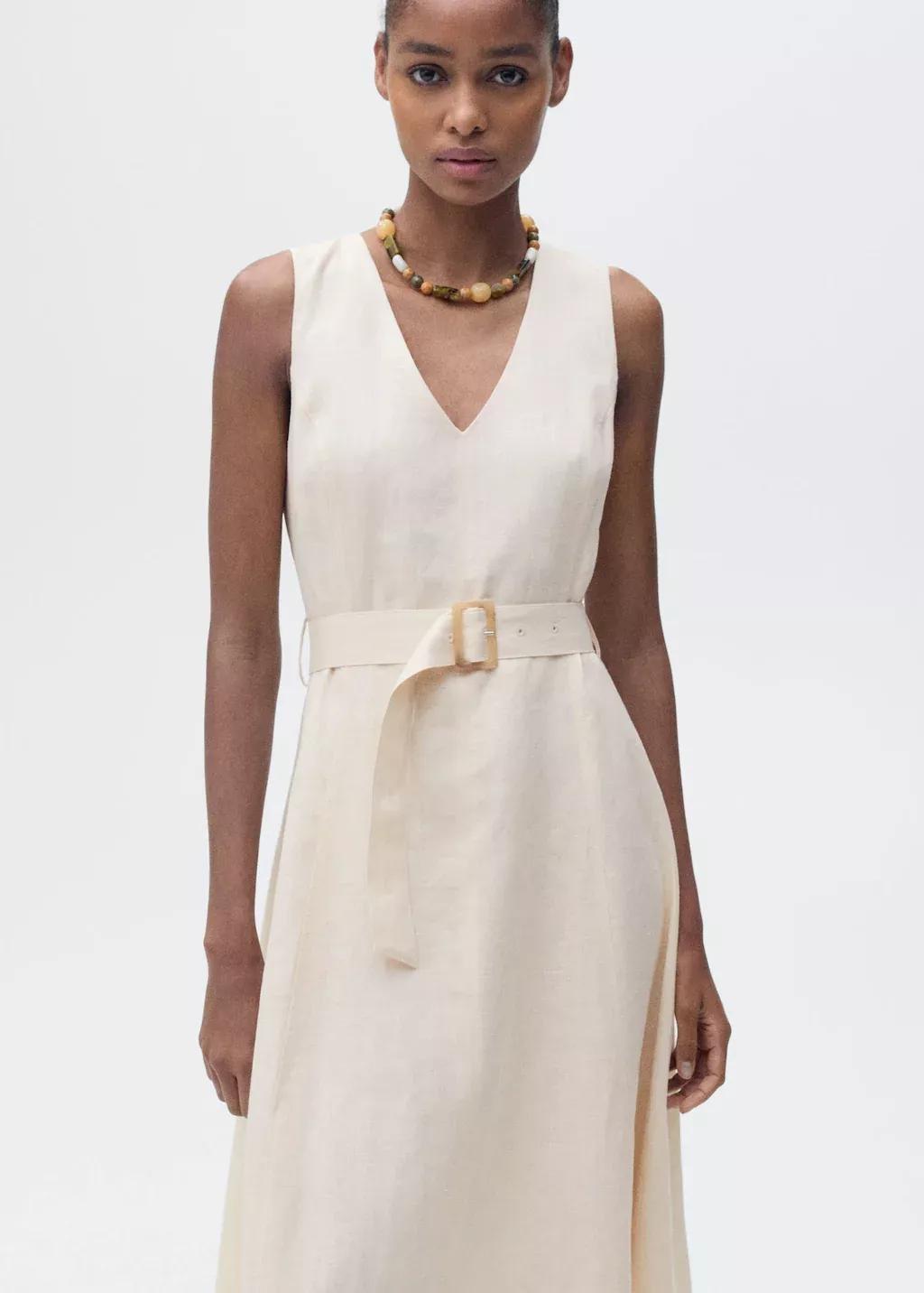 Beige Belt Linen Dress, , large image number 0
