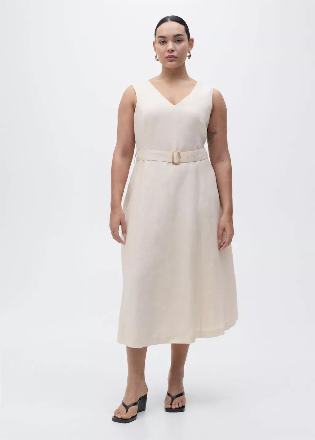 Beige Belt Linen Dress, , large image number 2