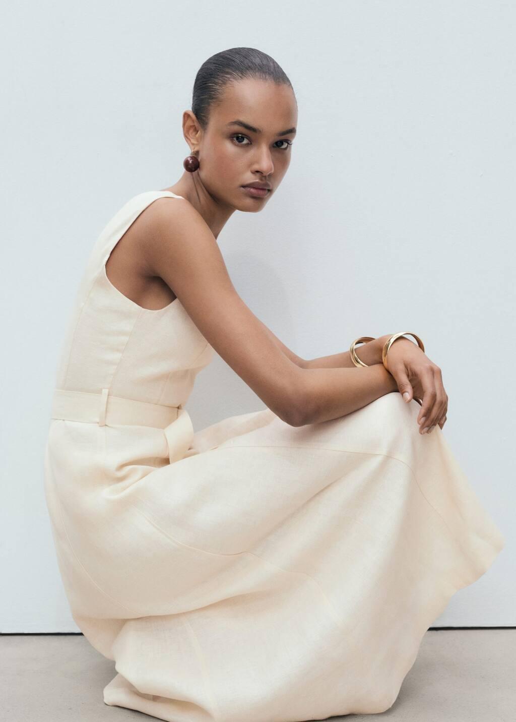 Beige Belt Linen Dress, , large image number 3
