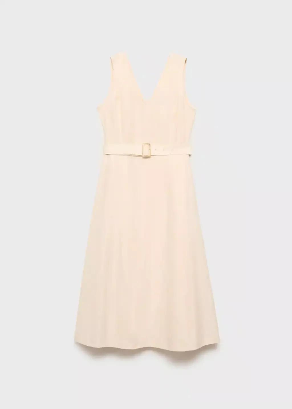 Beige Belt Linen Dress, , large image number 4