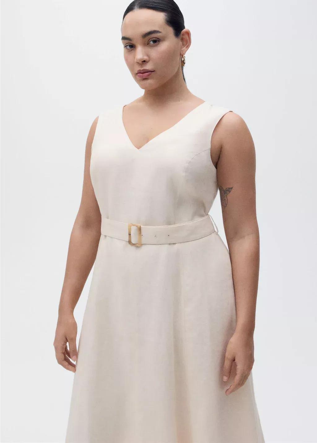 Beige Belt Linen Dress, , large image number 6