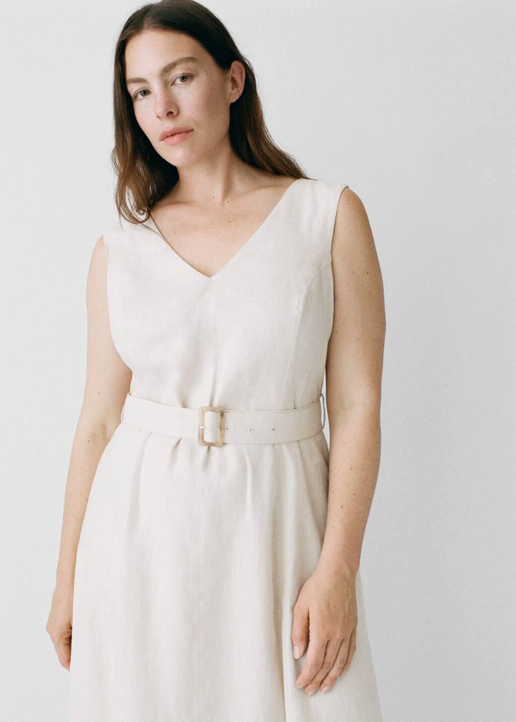 Beige Belt Linen Dress, , large image number 9
