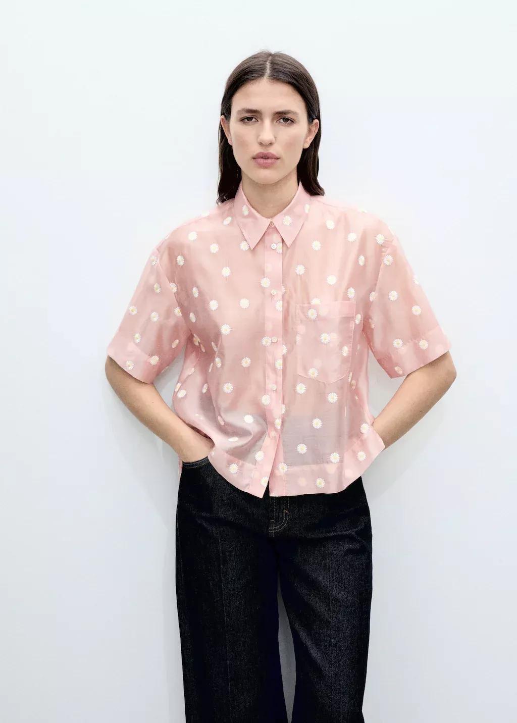 Pink Lt Pastel Floral-Embroidered Lyocell Shirt, , large image number 0