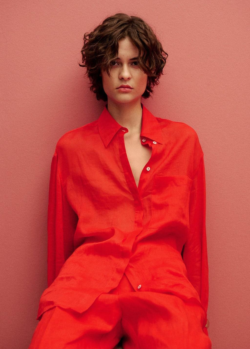 Red Regular Ramie Shirt Pocket, , large image number 0
