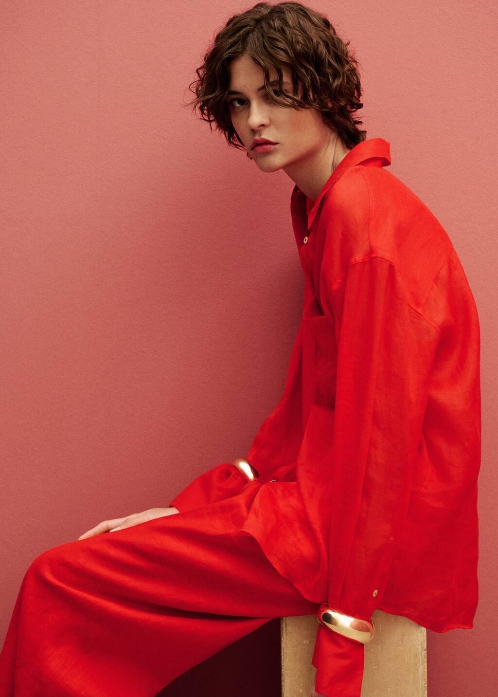 Red Regular Ramie Shirt Pocket, , large image number 4