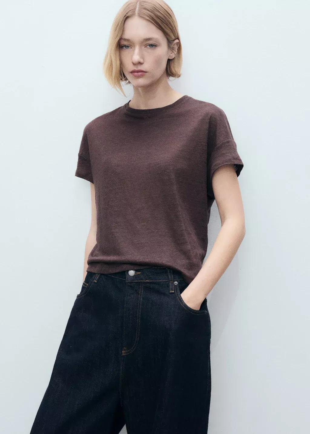 Brown Regular-Fit Linen T-Shirt, , large image number 0