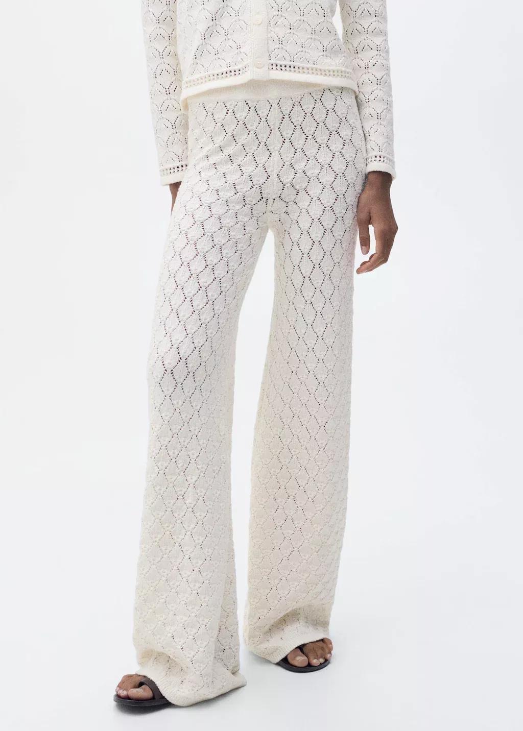 Cream Straight-Fit Openwork Knitted Trousers, , large image number 0