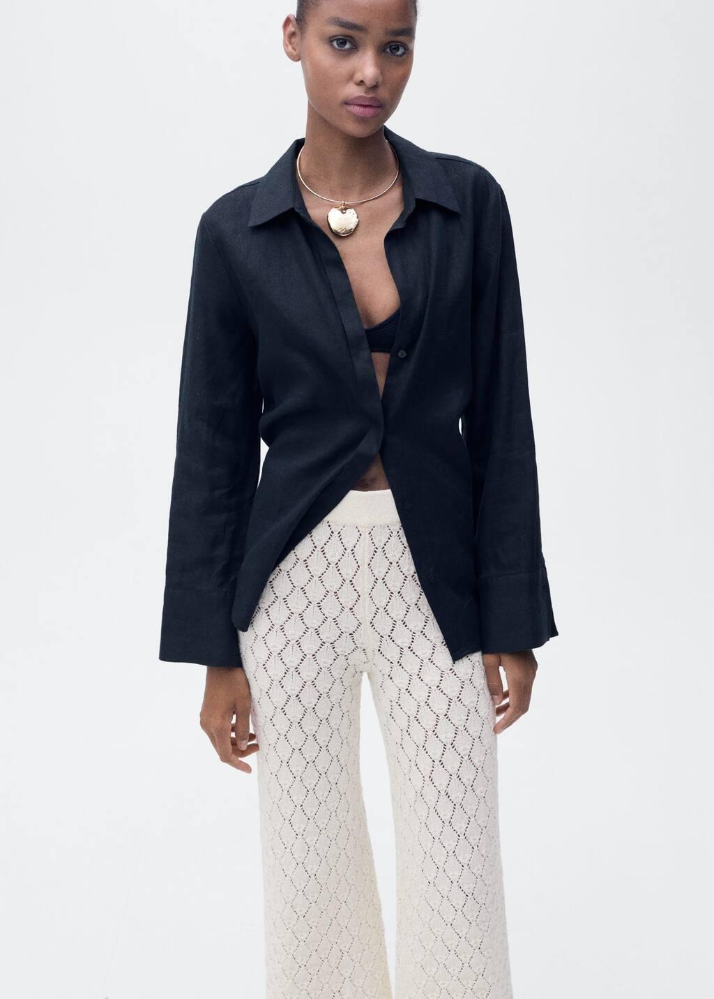 Cream Straight-Fit Openwork Knitted Trousers, , large image number 1