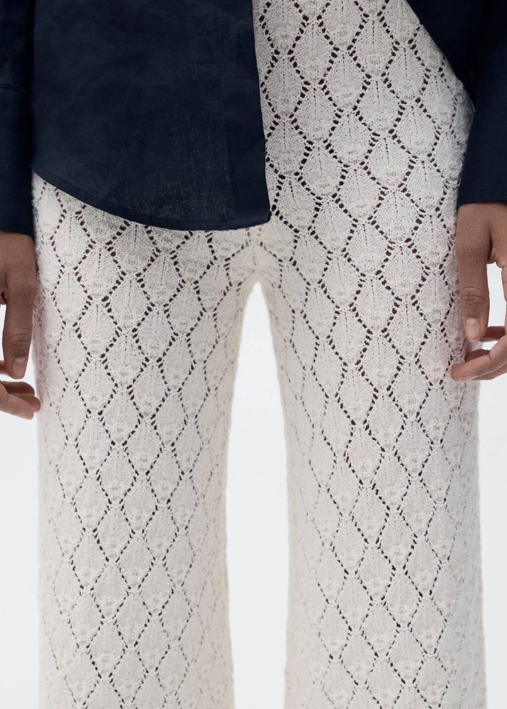 Cream Straight-Fit Openwork Knitted Trousers, , large image number 2