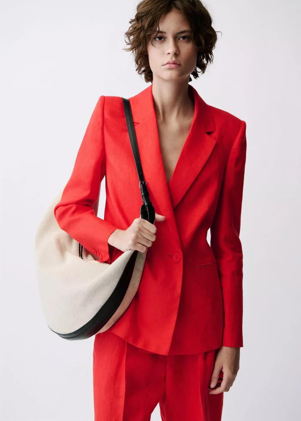 Red Double-Breasted Linen Suit Jacket, , large image number 0