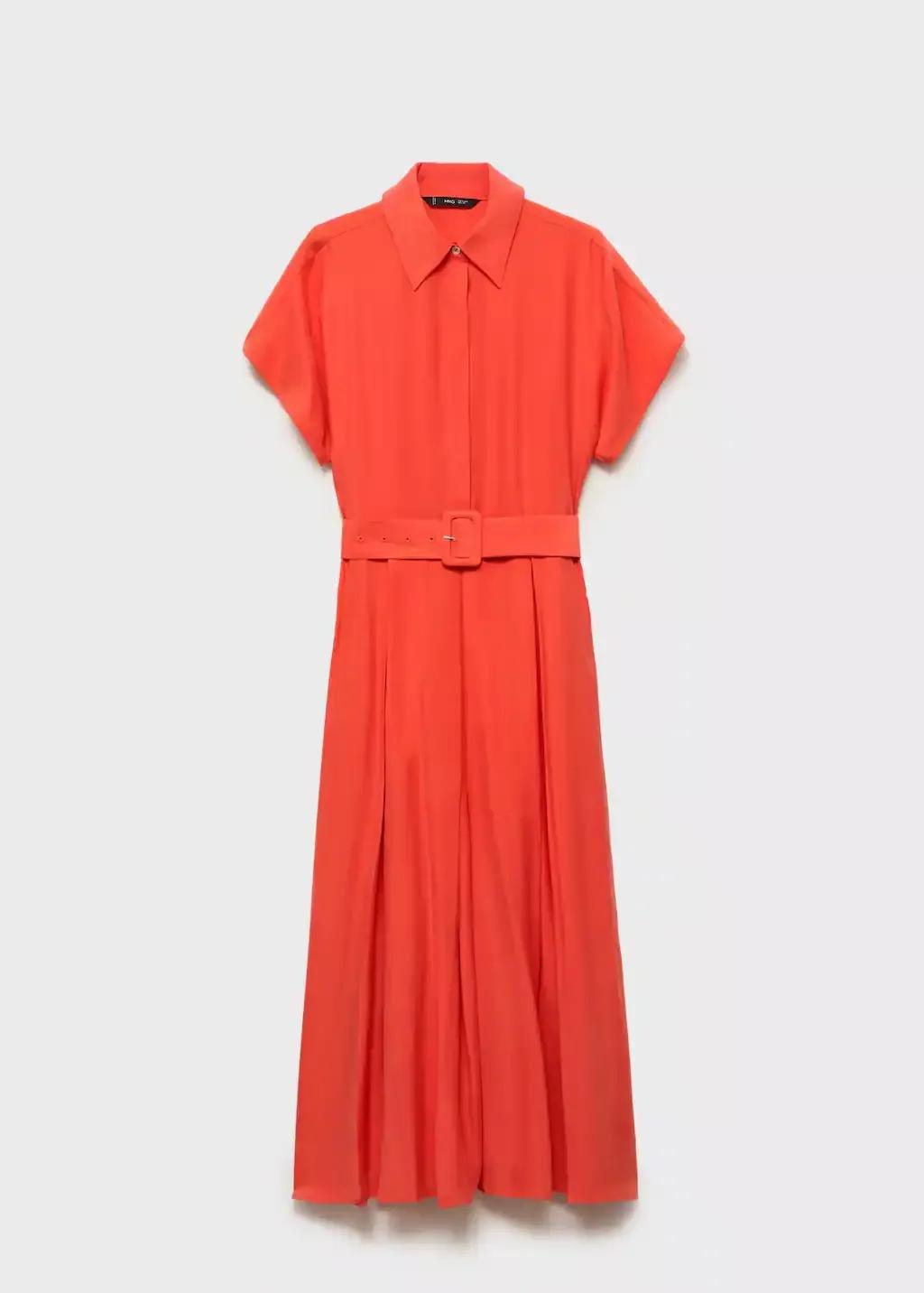 Red Flared Midi-Dress With Belt, , medium