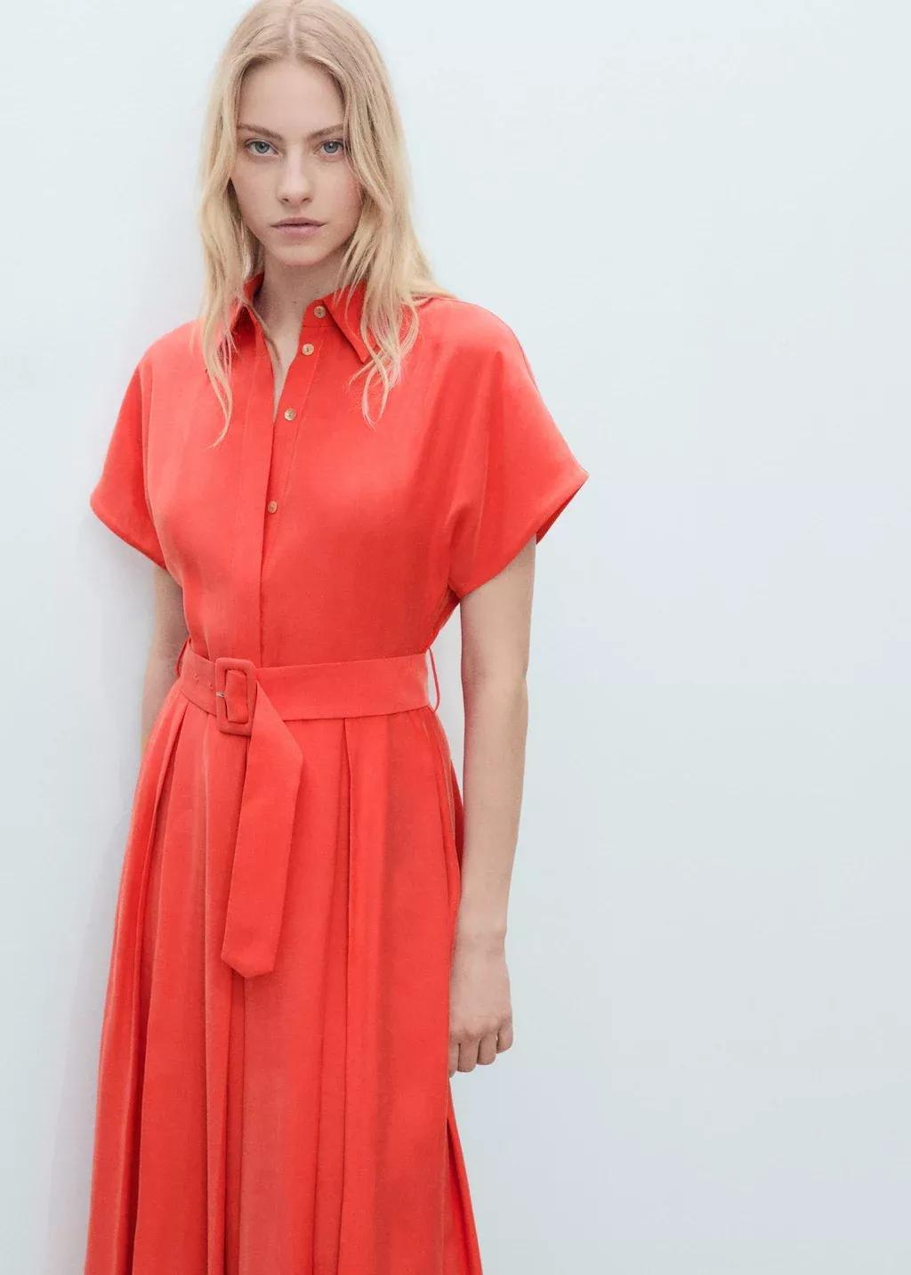 Red Flared Midi-Dress With Belt, , large image number 1