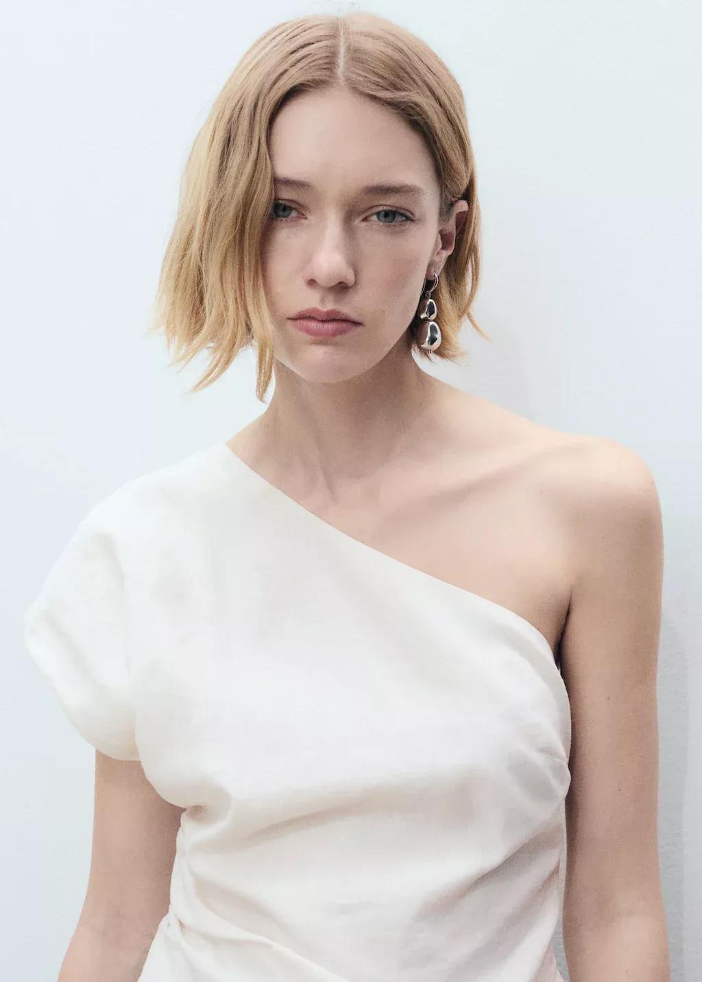 White Asymmetrical Linen Top, , large image number 1