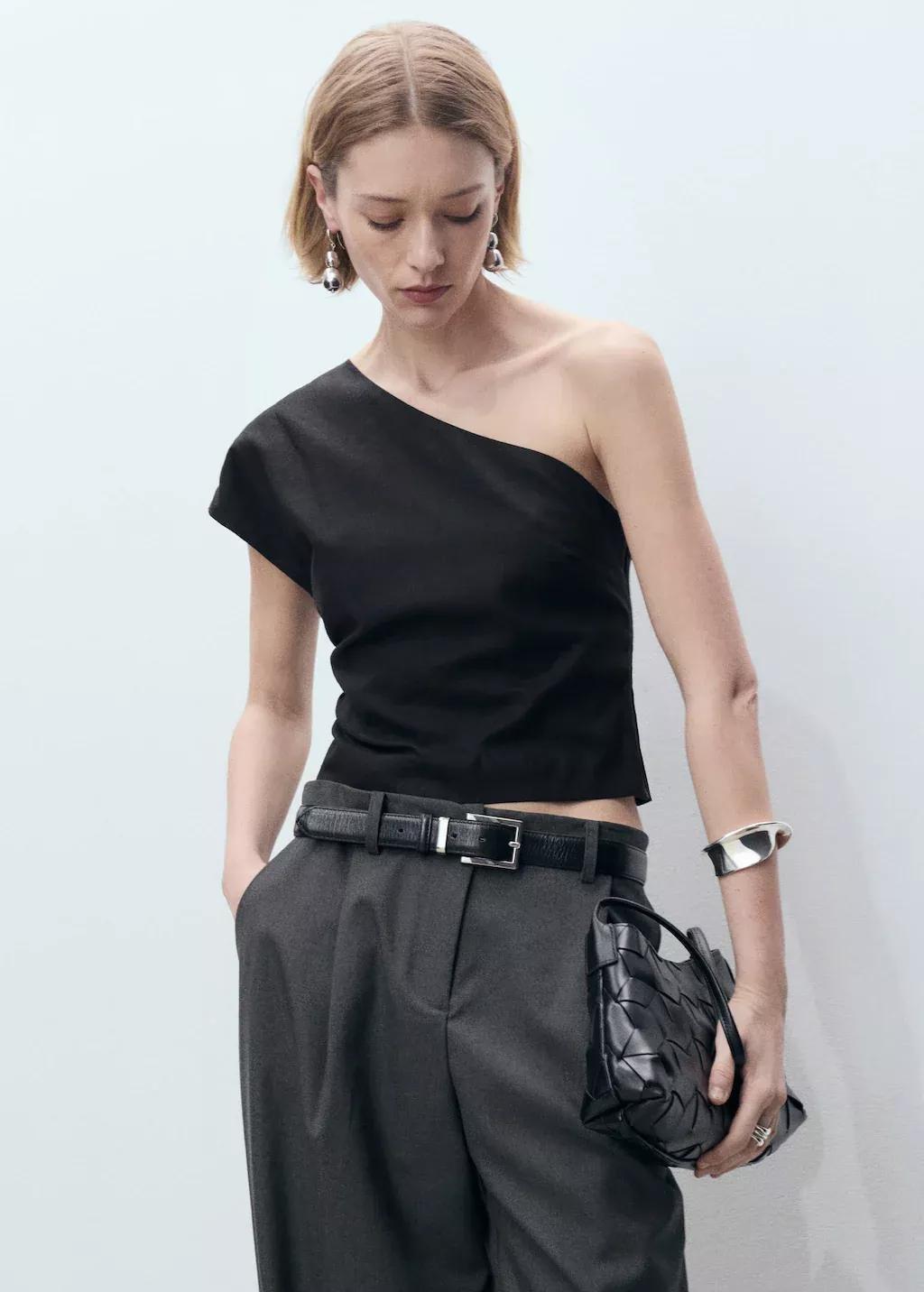 Black Asymmetrical Linen Top, , large image number 0