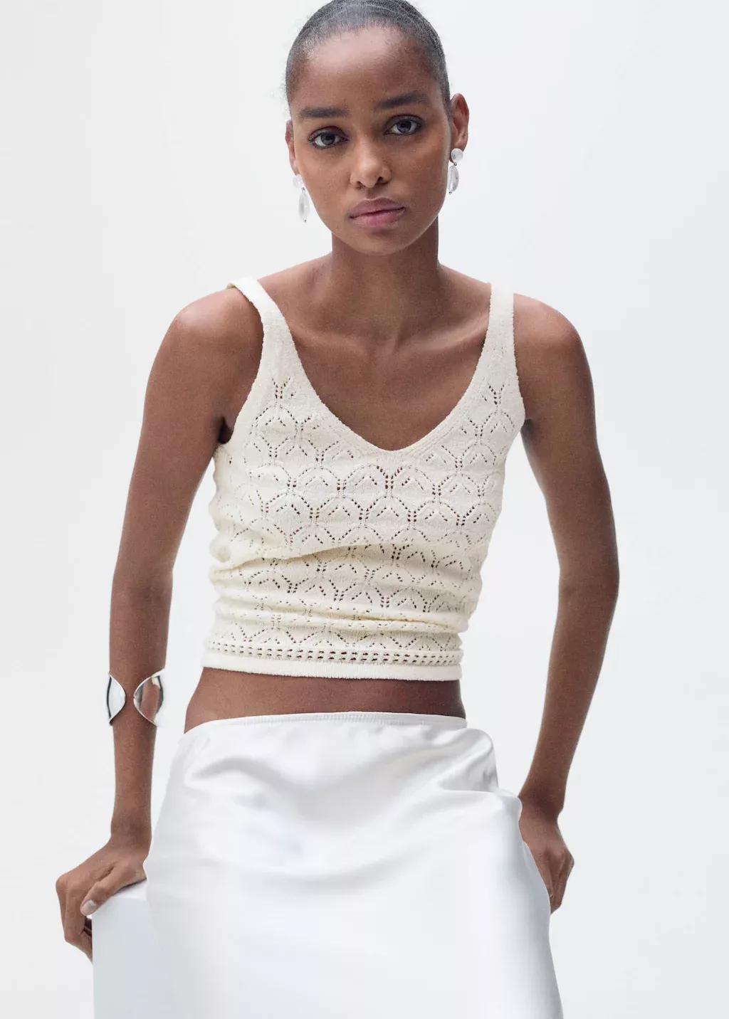 Beige Openwork Details Knit Top, , large image number 6