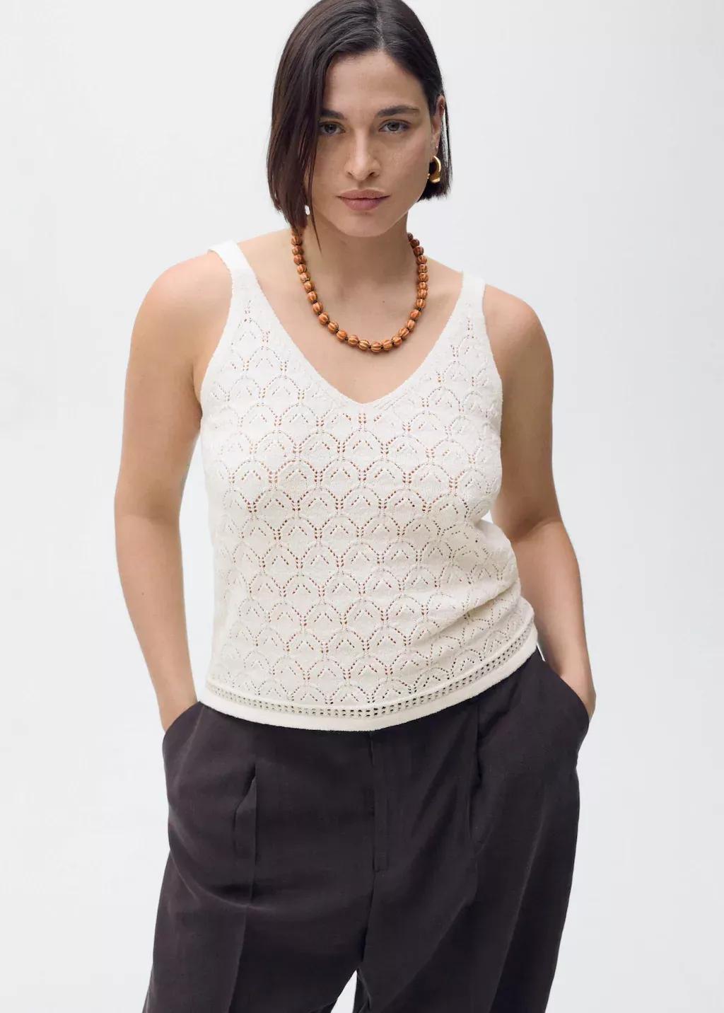 Beige Openwork Details Knit Top, , large image number 8