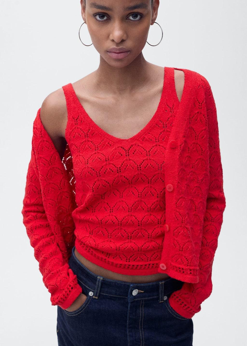 Red Openwork Details Knit Top, , large image number 0