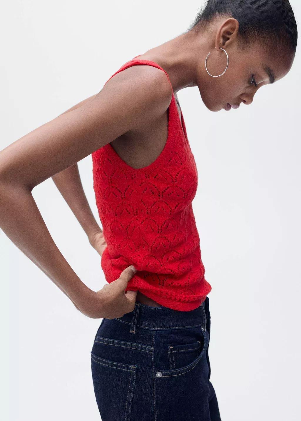 Red Openwork Details Knit Top, , large image number 1