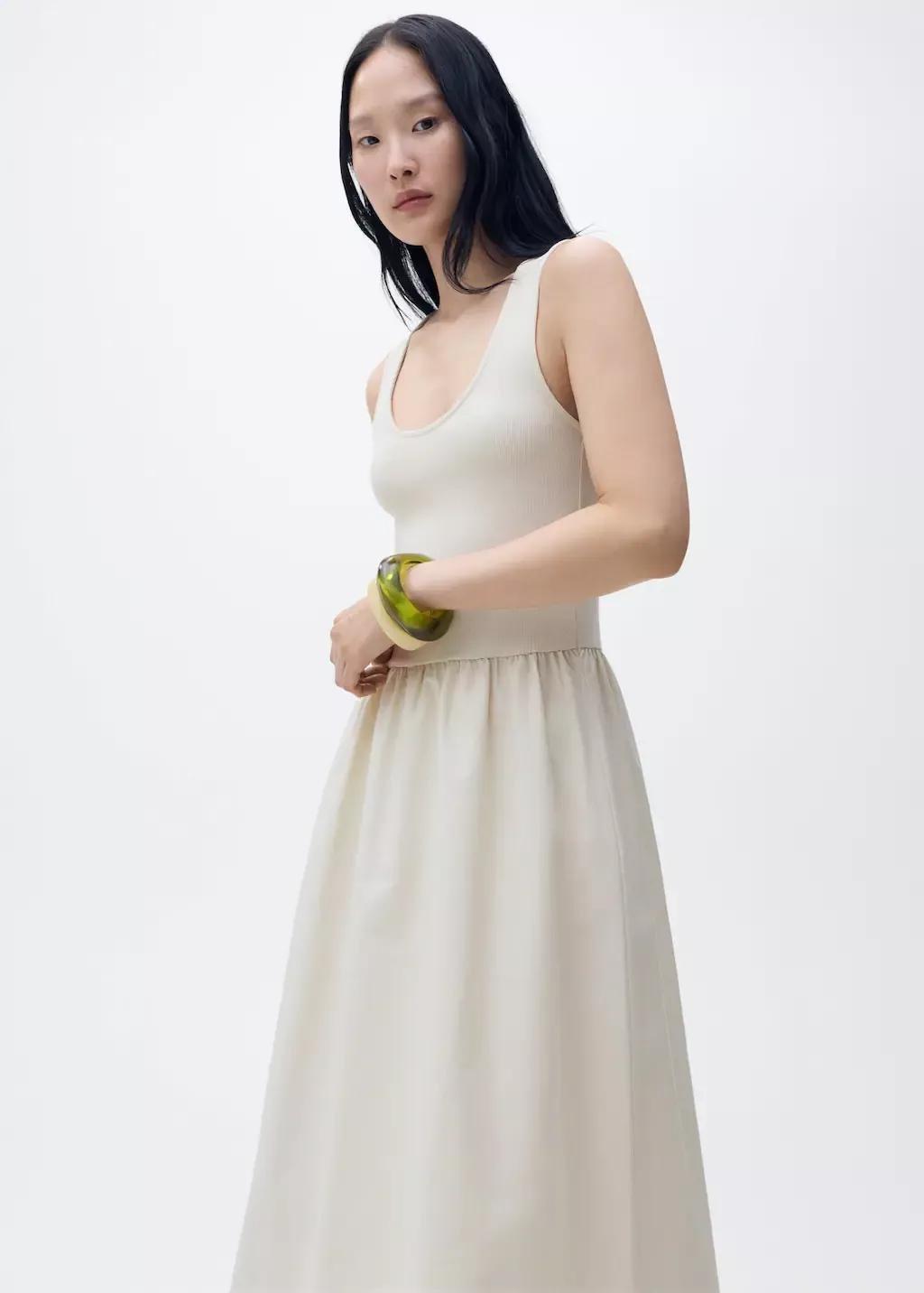 Beige Flared Dress In Combined Fabric, , large image number 0