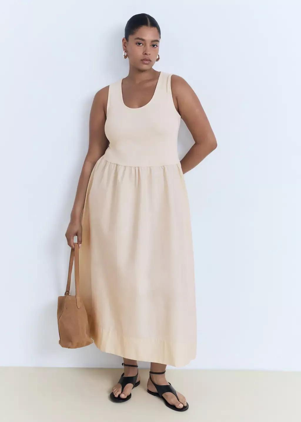 Beige Flared Dress In Combined Fabric, , large image number 3