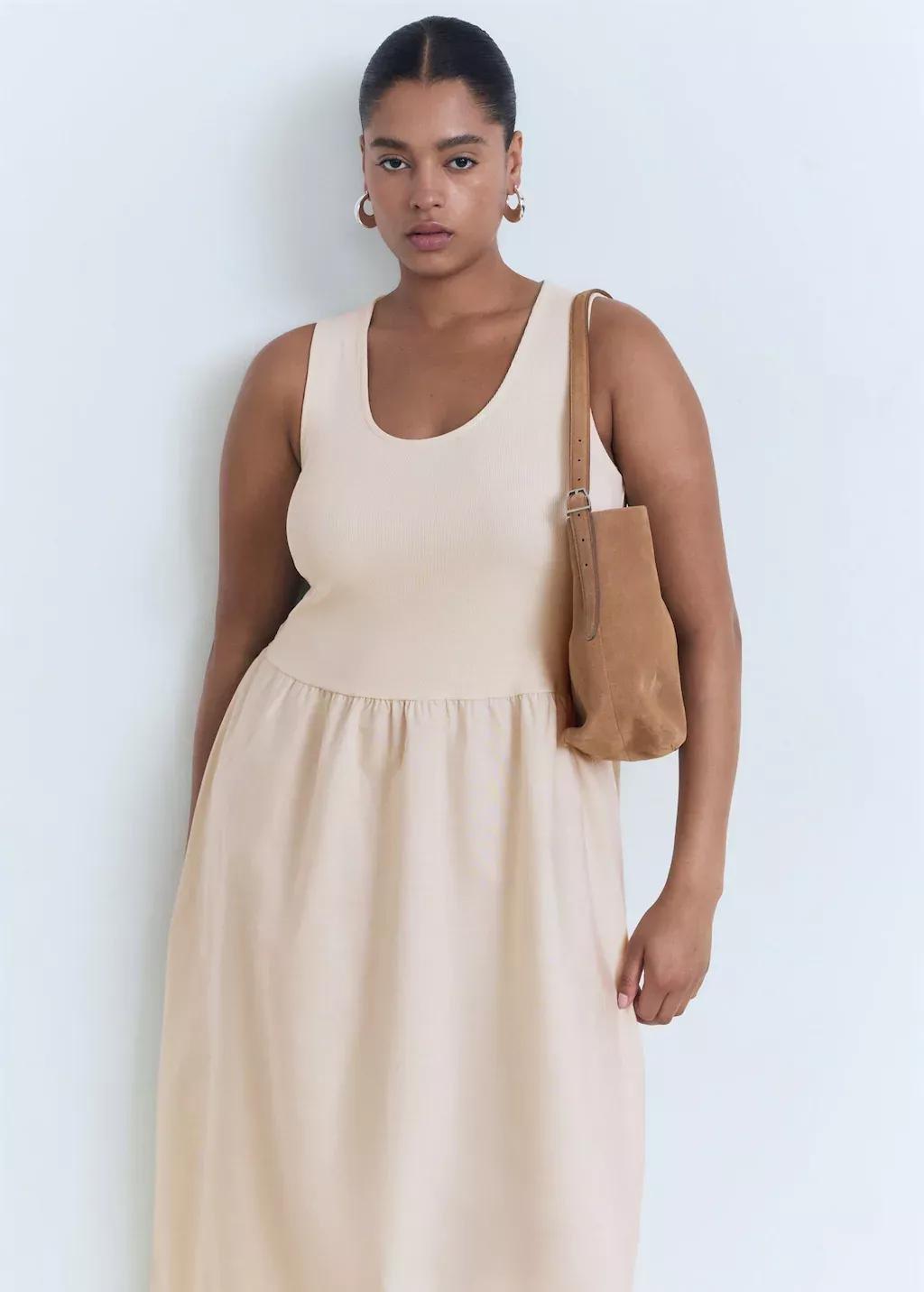 Beige Flared Dress In Combined Fabric, , large image number 6