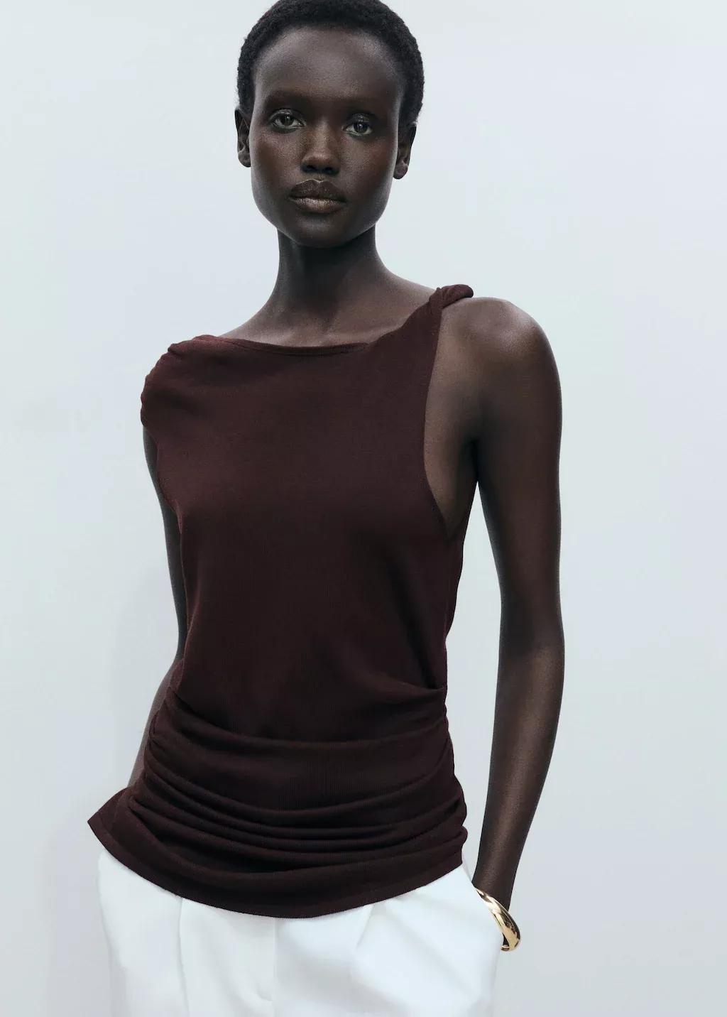 Brown Asymmetrical Fine-Knit Top, , large image number 0
