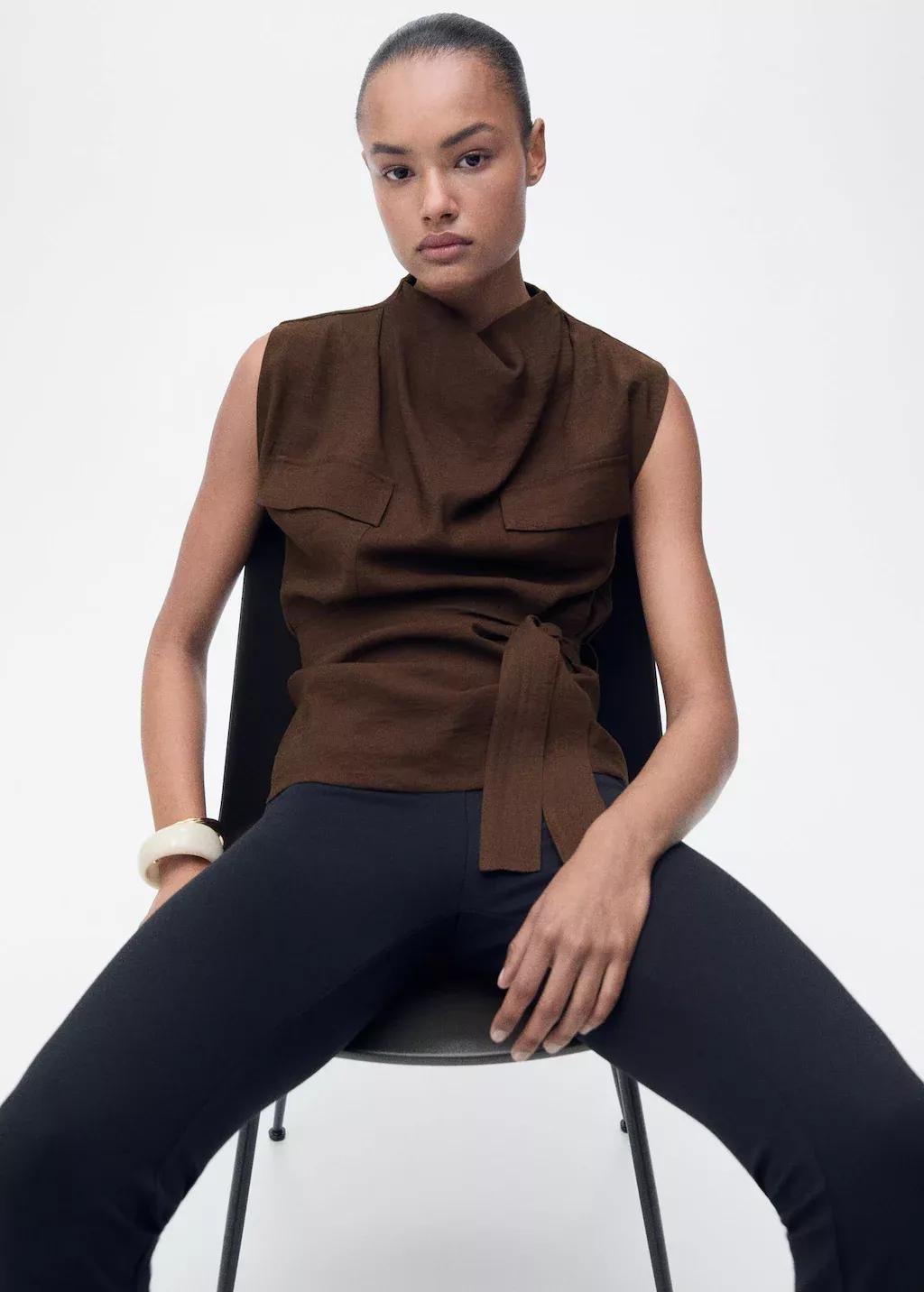 DARK BROWN Blouse with draped neck and belt, , large image number 0