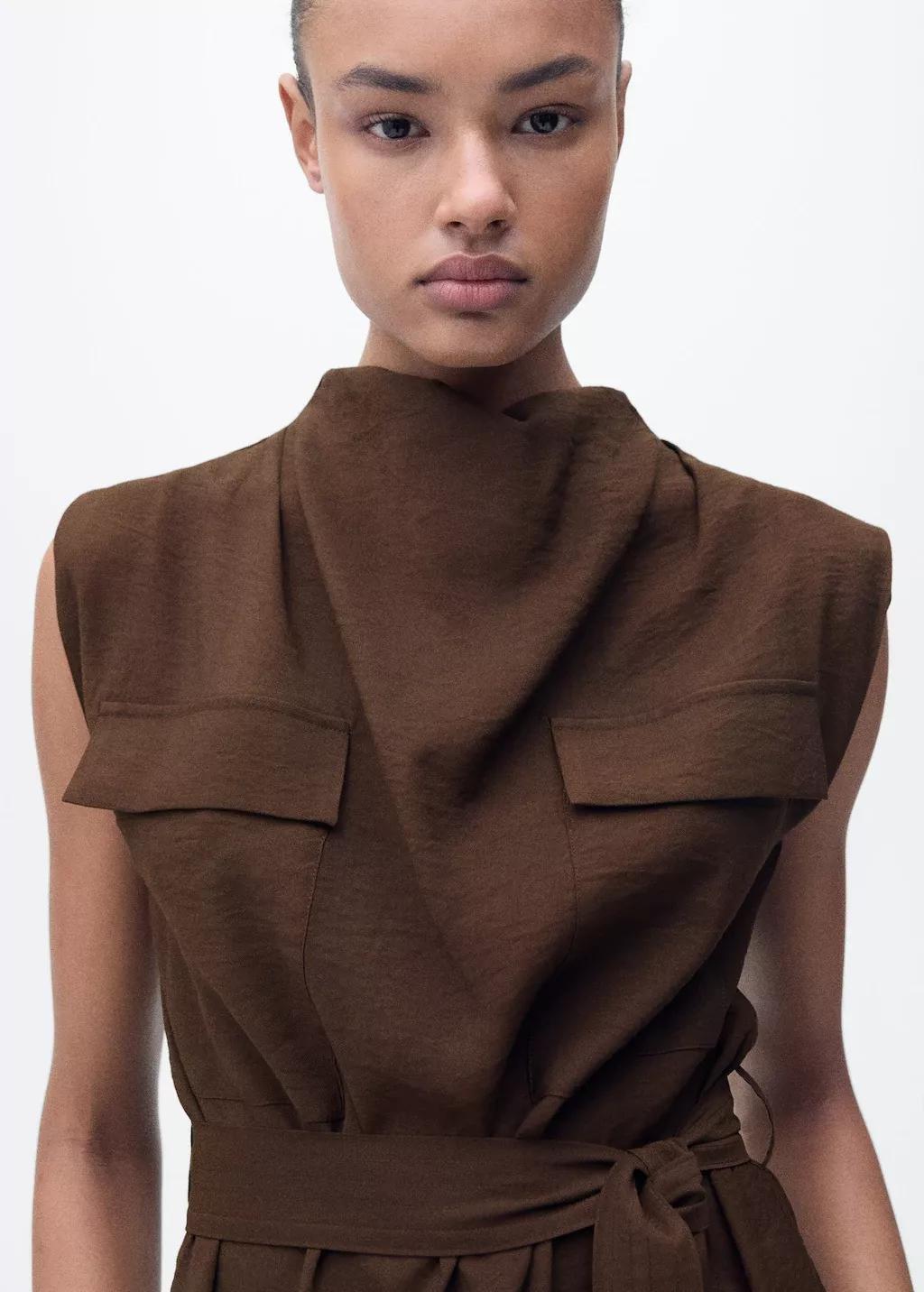 DARK BROWN Blouse with draped neck and belt, , large image number 1