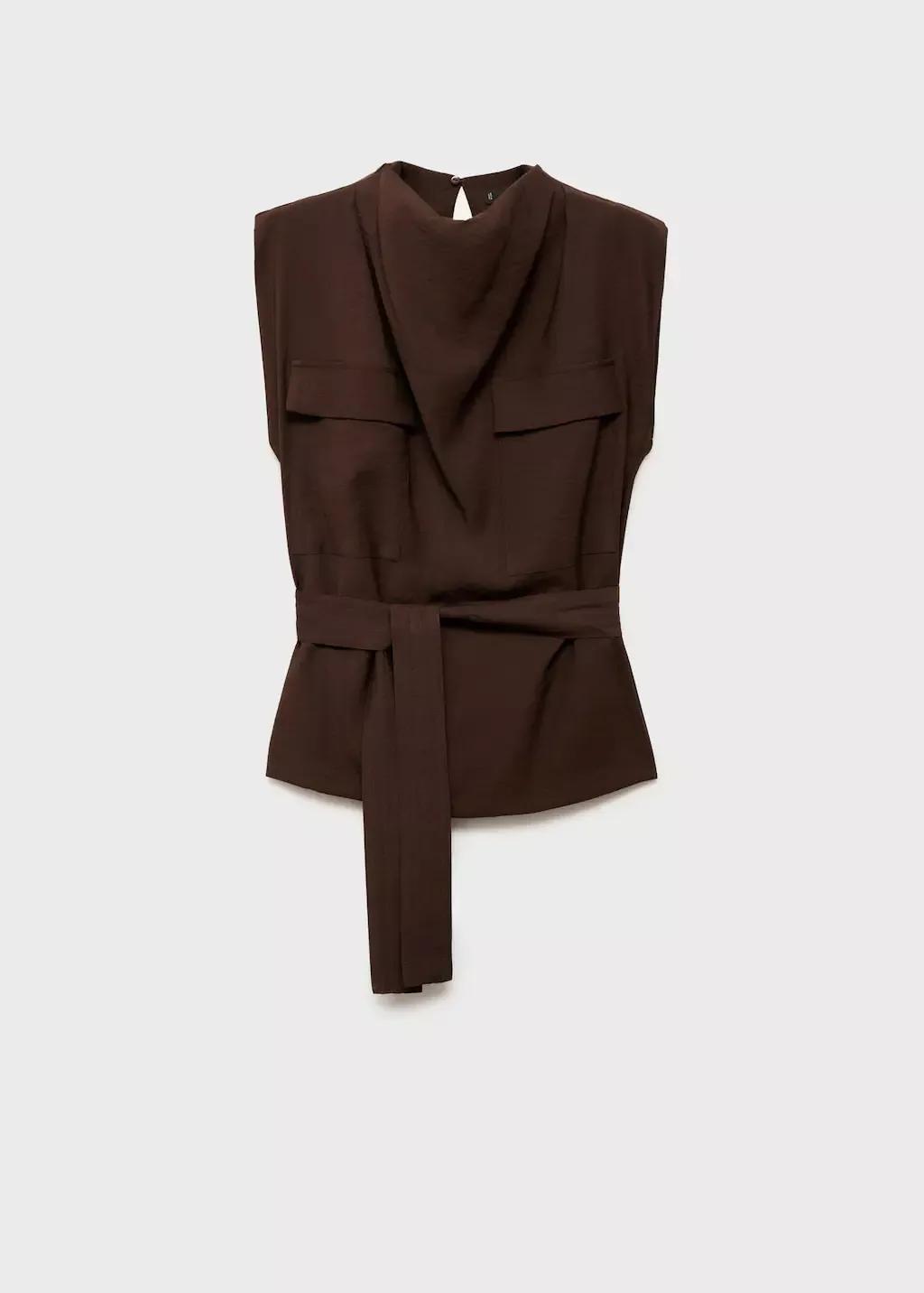 DARK BROWN Blouse with draped neck and belt, , large image number 3