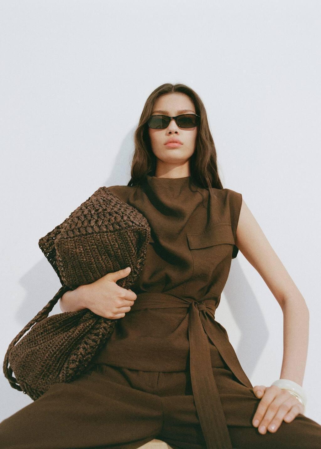 DARK BROWN Blouse with draped neck and belt, , large image number 5